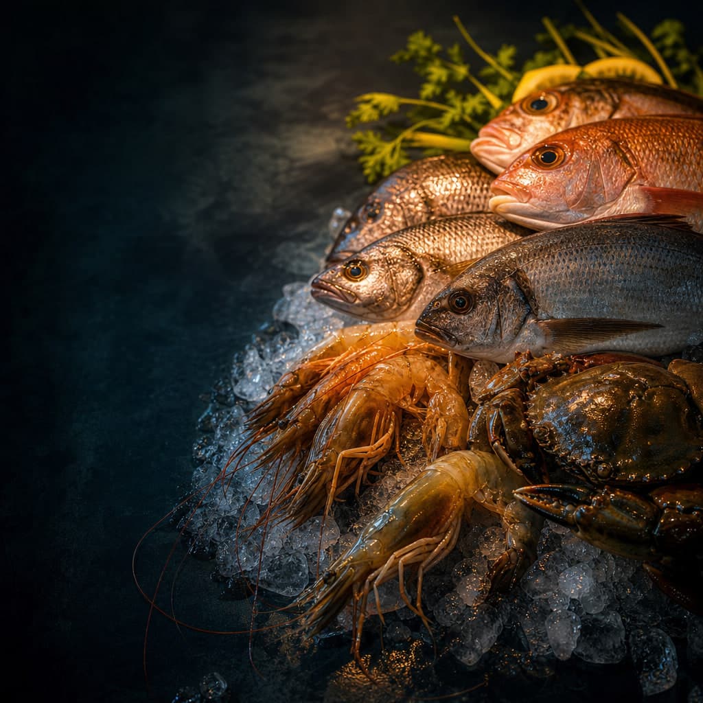 Whole red and silver fish stacked on crushed ice with head-on prawns and a crab in front, on dark slate