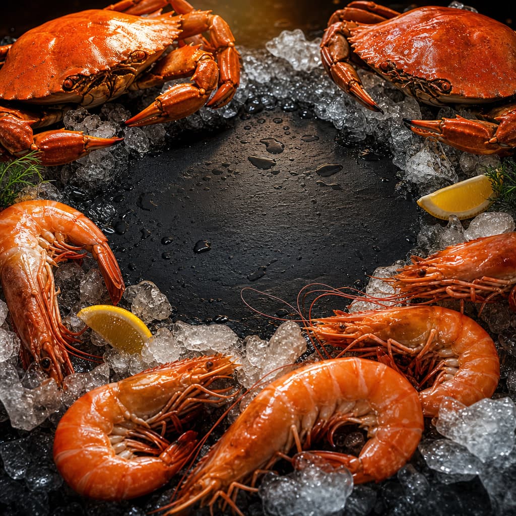 Cooked crabs and large prawns ringed on crushed ice with wedges of lemon