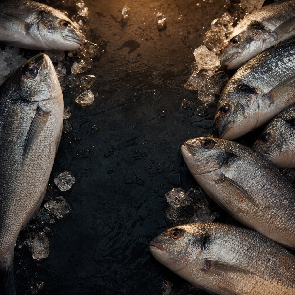 Whole silver sea bream ringed around wet dark slate with scattered crushed ice
